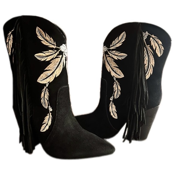 Dingo Black Fringed Boots with Cream Embroidery NWOT - Picture 3 of 4